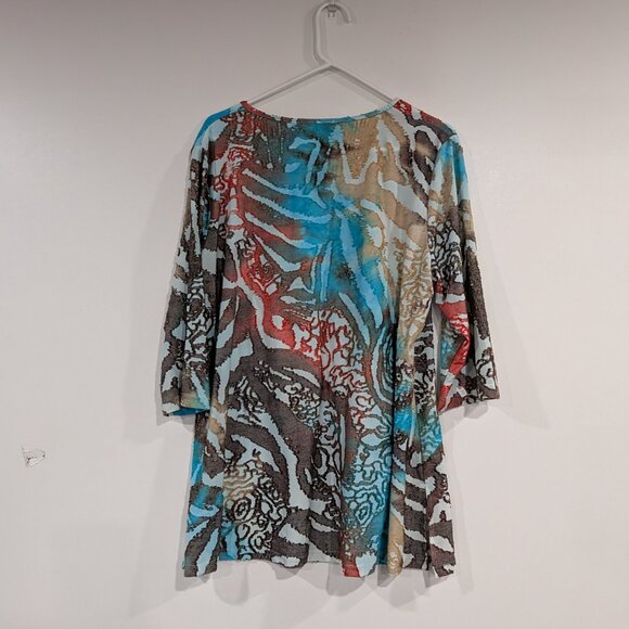 Creation Flocked 3/4 Sleeve Blouse with Pocket Turquoise Brown Rust Size XXL - Picture 6 of 6